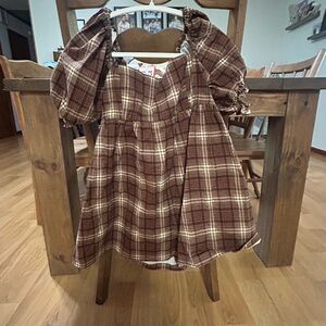 Plaid Brown Romper with Puff Sleeves